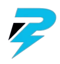 A stylized blue letter "P" incorporates a lightning bolt design