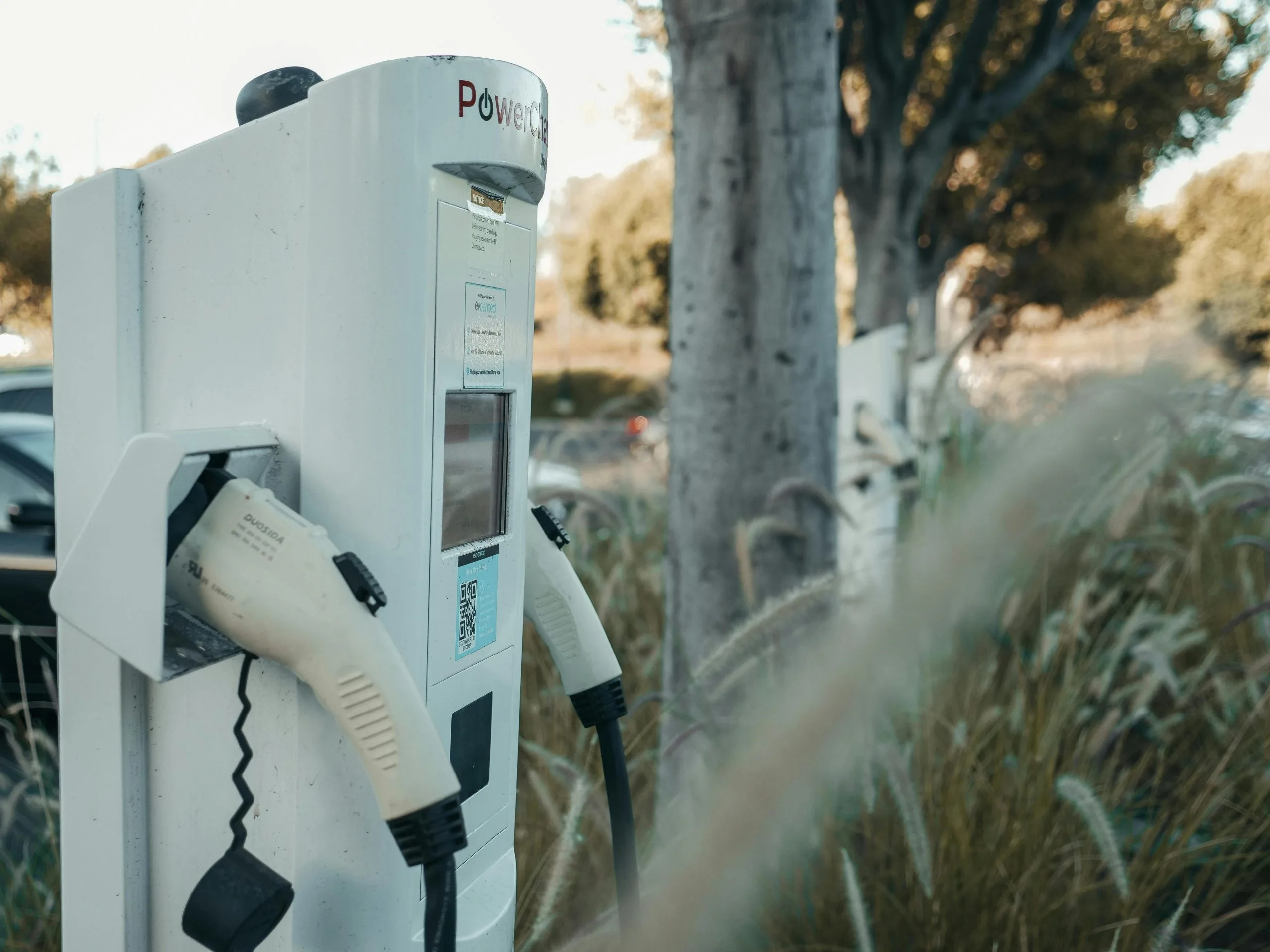 EV charger installation surrounded by lush grass and trees in a natural setting