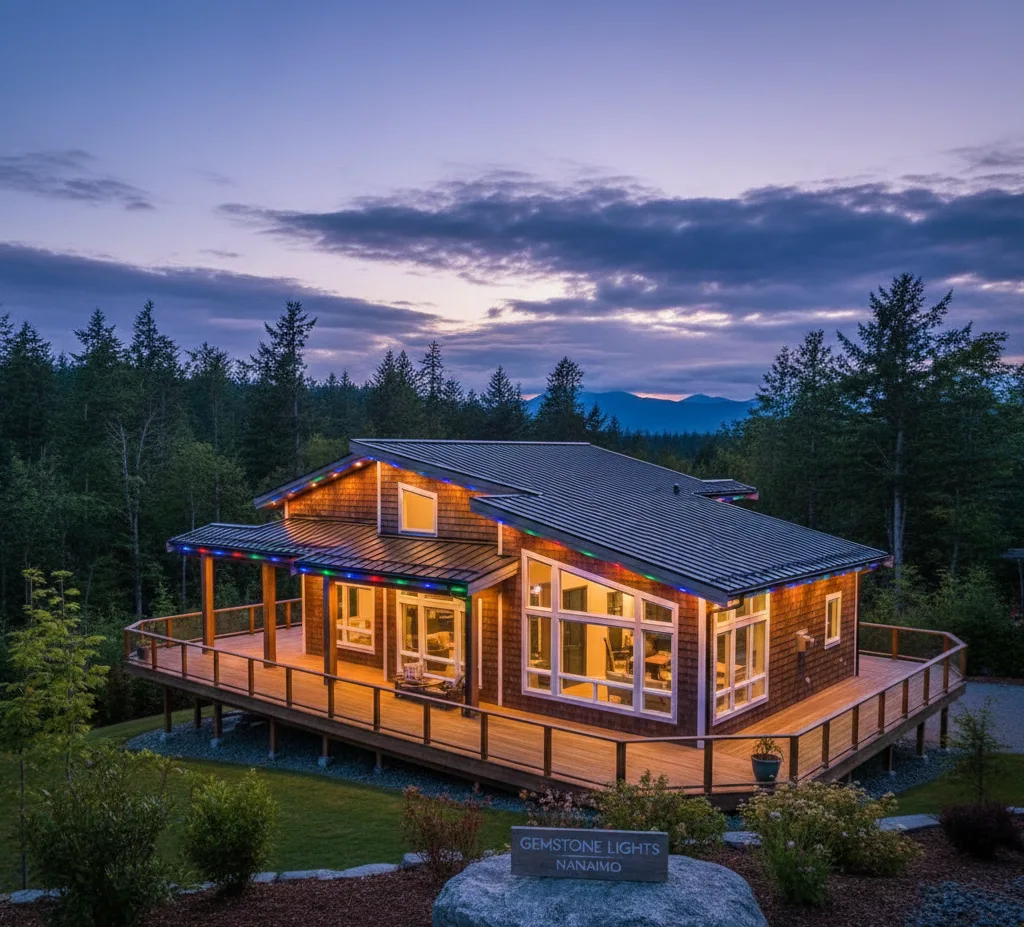 Gemstone lights Nanaimo illuminate a cozy cabin, creating a warm atmosphere among the trees at dusk