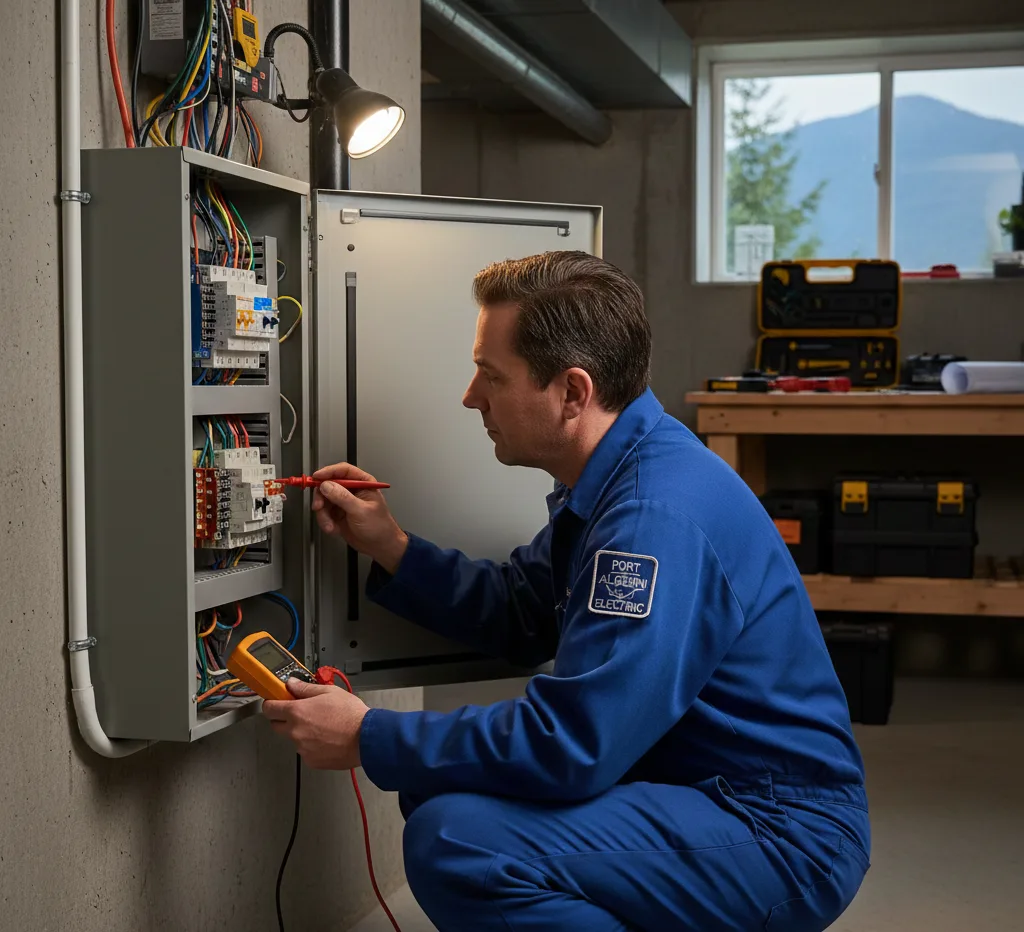 A professional electrician in blue coveralls performing an electrical panel upgrade in a Port Alberni home, with snow-capped mountains visible through the window.