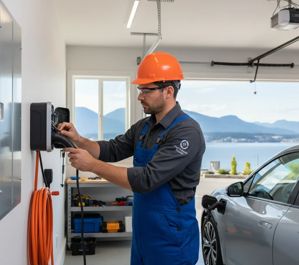 EV charger installation Port Alberni by a licensed electrician wiring a Level 2 home charging station safely