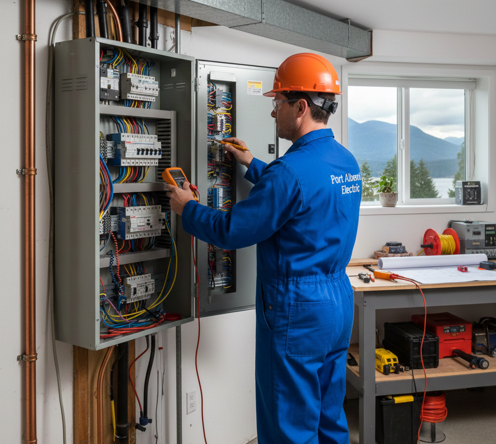 A professional Electrician Port Alberni technician performing a safety inspection and maintenance on a residential electrical panel.