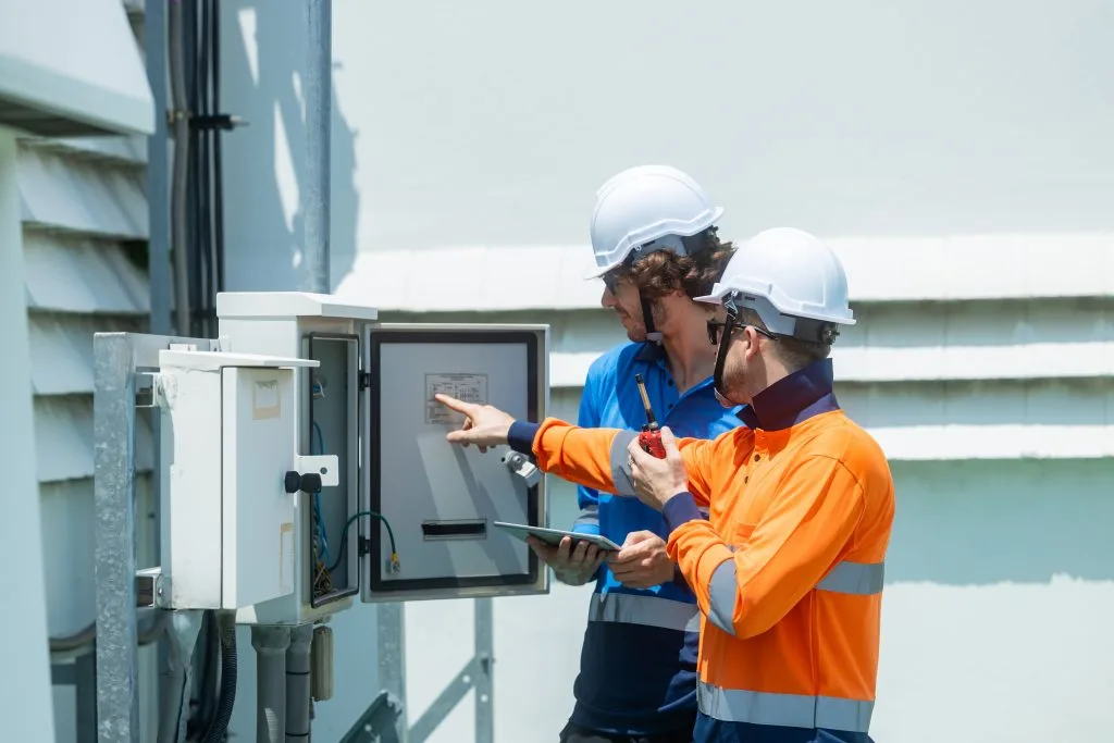 Two workers in safety gear are inspecting and discussing equipment on a wall