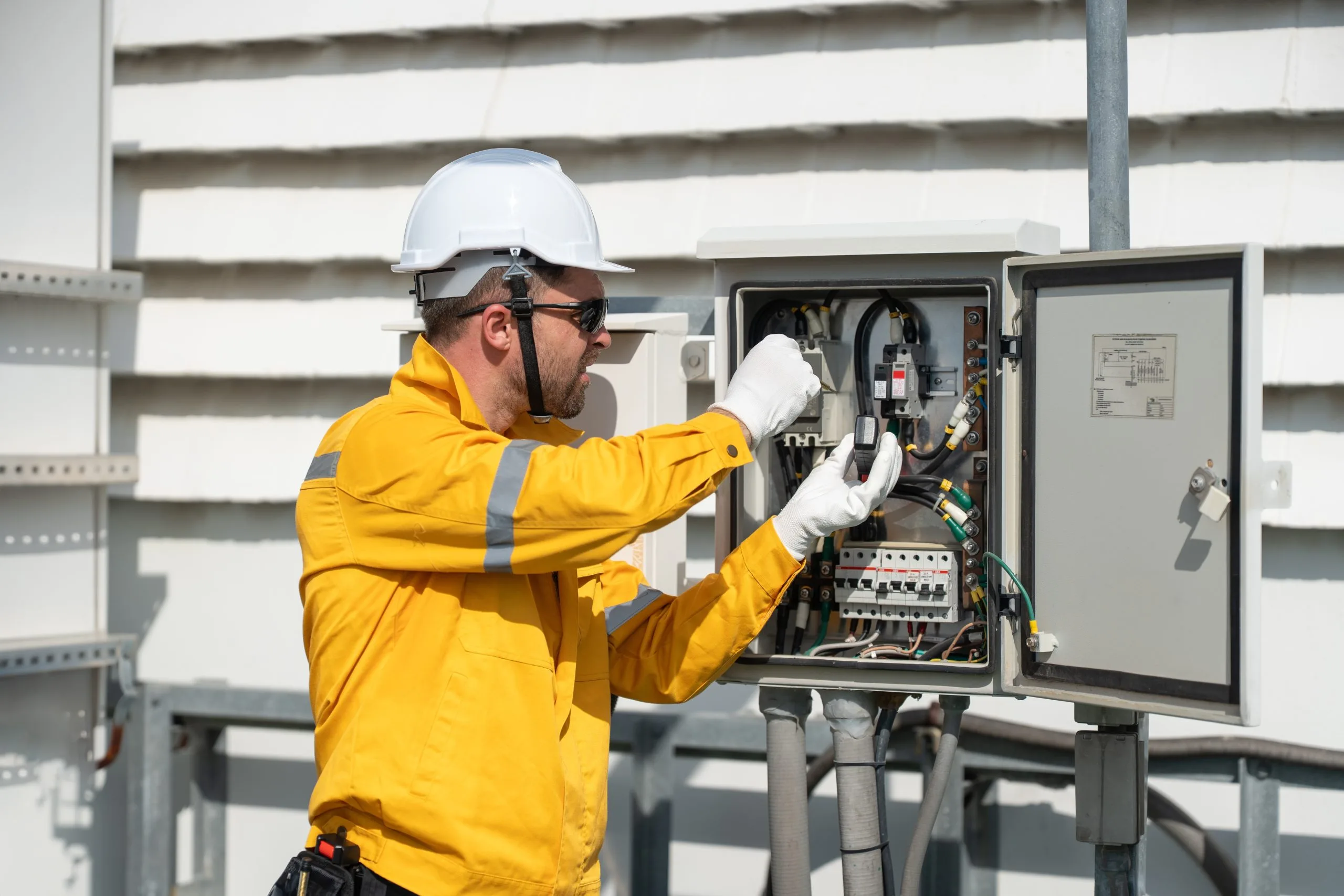 A technician in safety gear works on an electrical control box outdoors