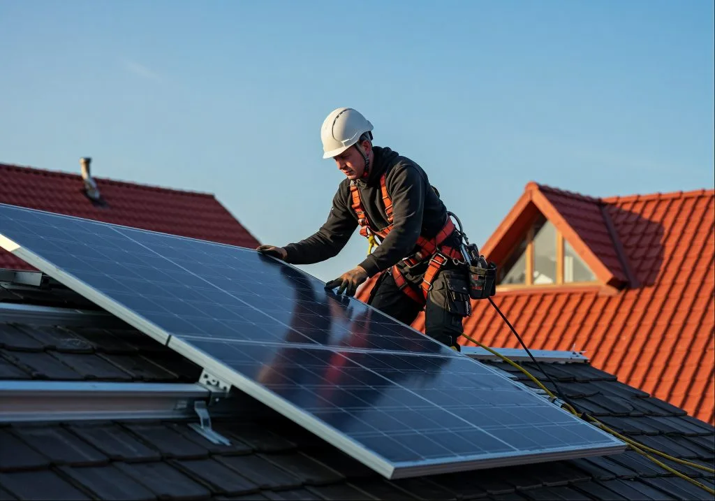 A worker installs solar panels on a rooftop under a clear blue sky